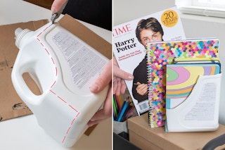 Reuse a laundry detergent bottle as a magazine rack.