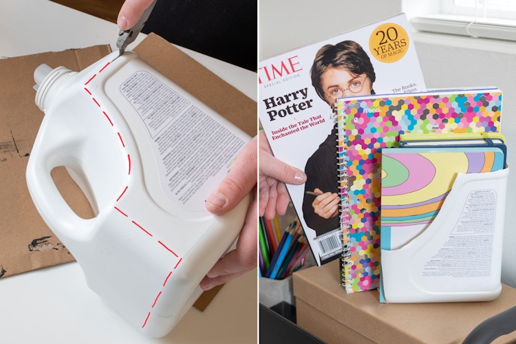 Reuse a laundry detergent bottle as a magazine rack.