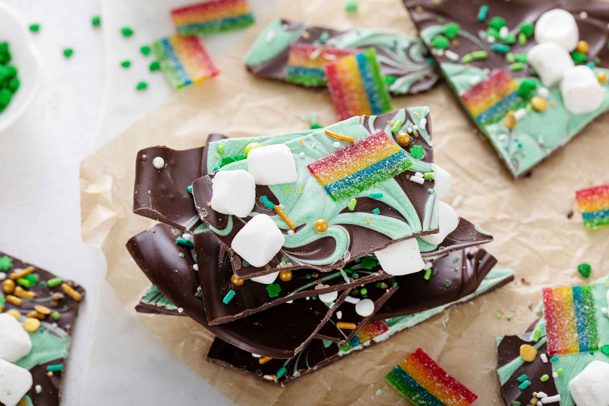 Some chocolate bark with marshmallows and rainbow candy