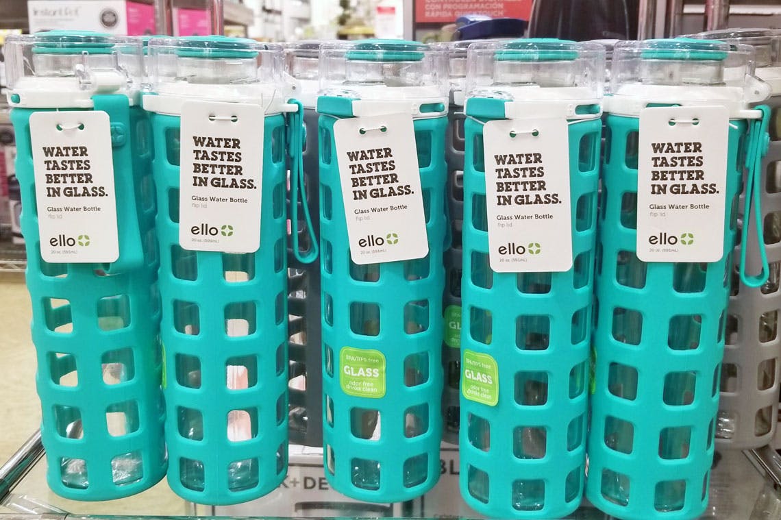 ello water bottles on shelf