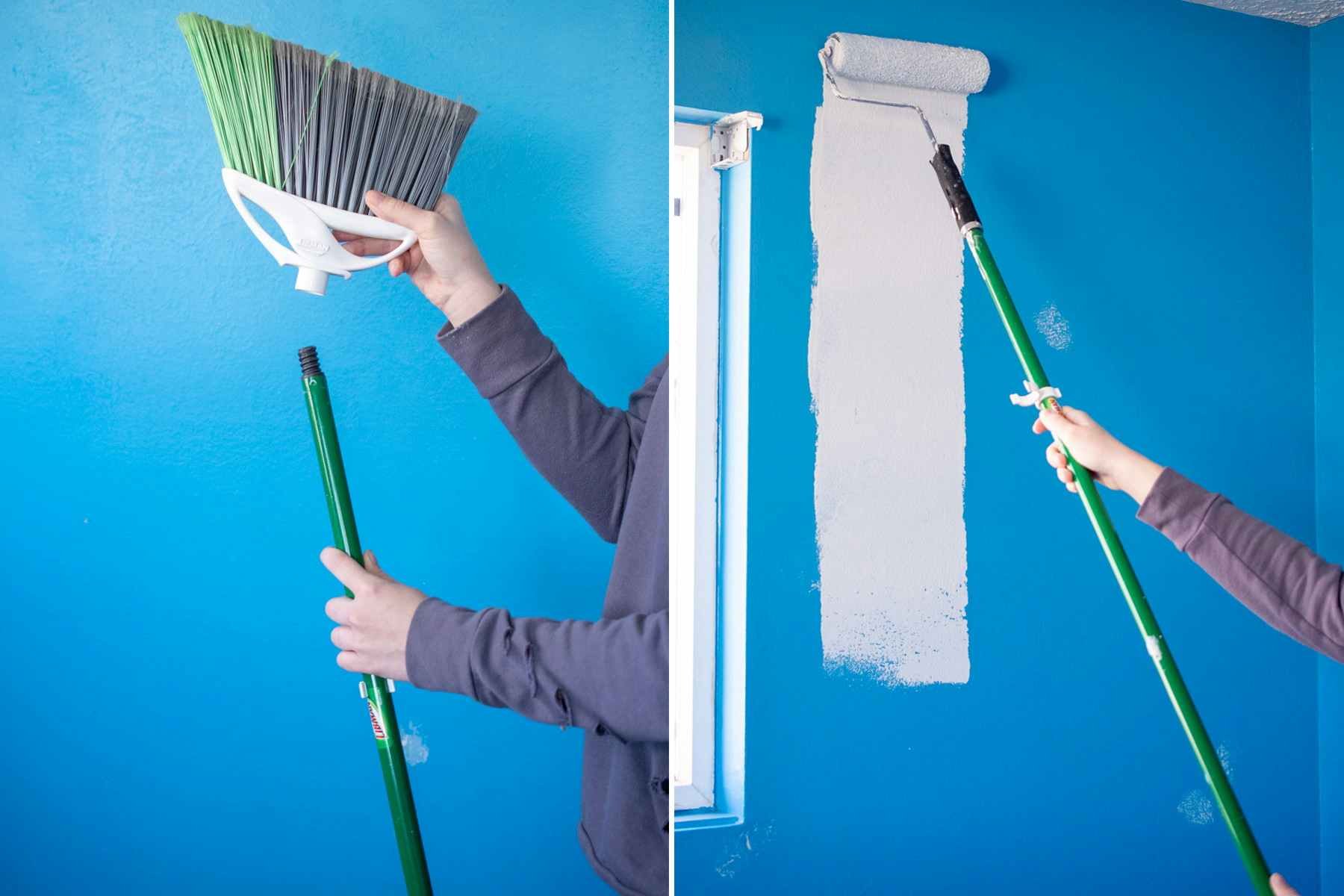 someone unscrewing brush from broom and painting wall with roller brush