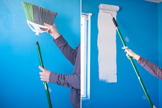 someone unscrewing brush from broom and painting wall with roller brush