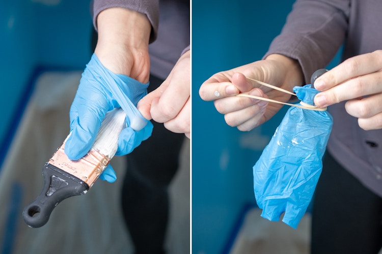 someone putting rubber glove over paintbrush and putting a rubber band on it