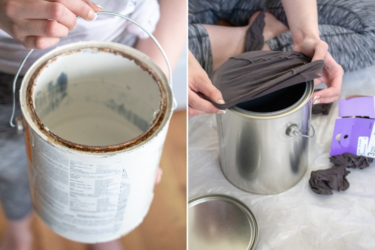 someone holding paint can and putting stocking over it