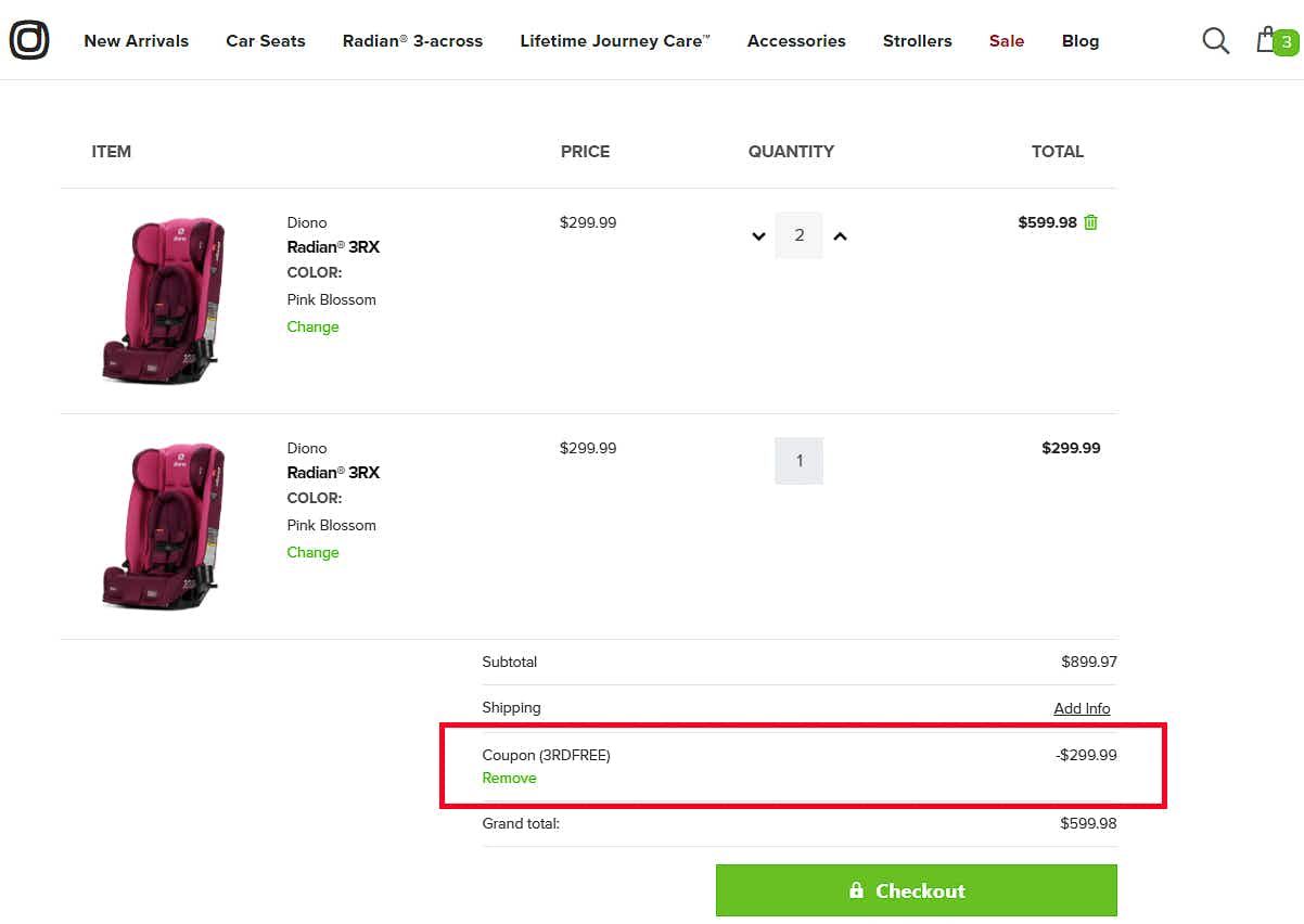 The shopping cart page of Diono's website showing 3 car seats in the cart and one being discounted to free shown in a red box.