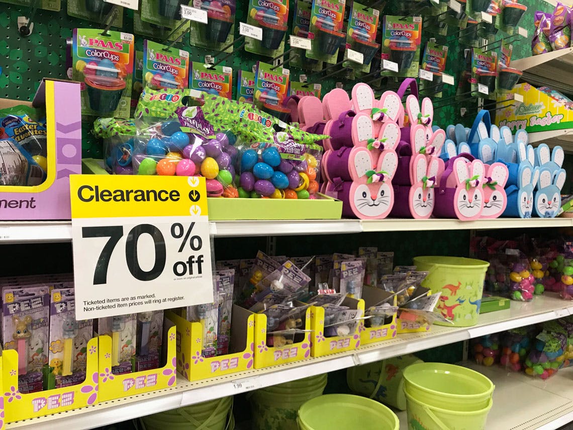Stores shelves with Easter clearance merchandise.