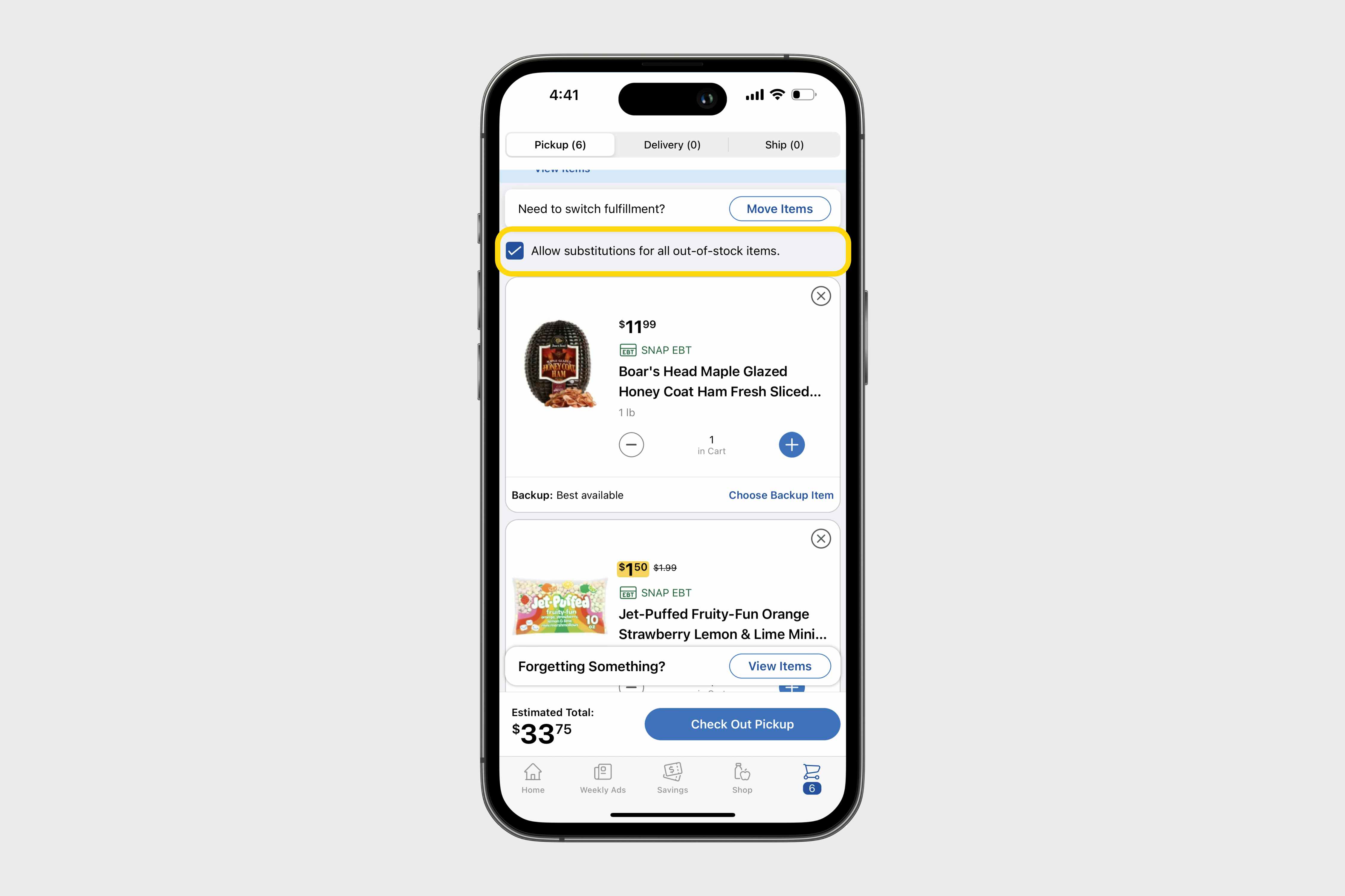 the kroger app checkout with the box checked to allow substitutions
