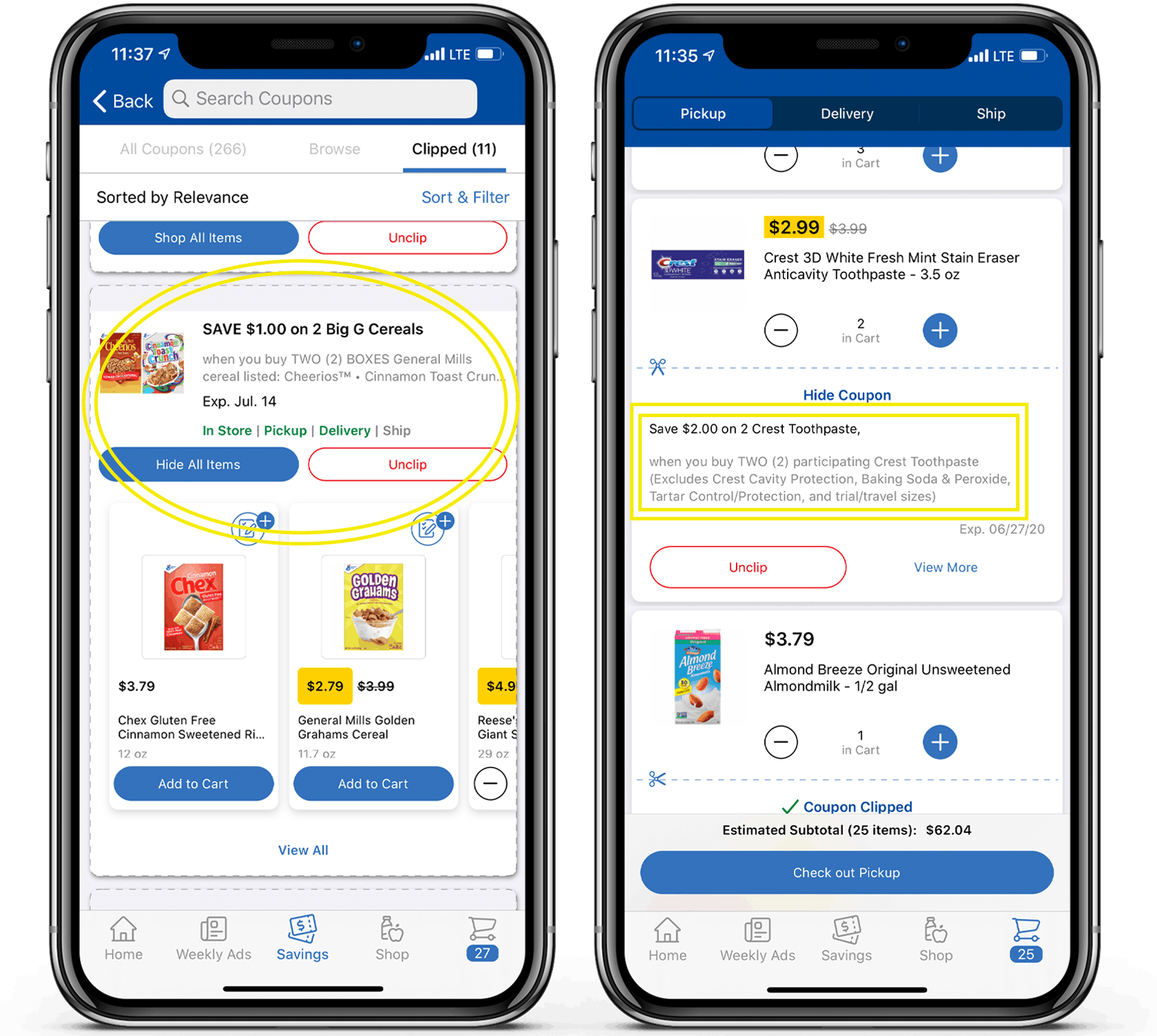 Kroger app screen shots displaying digital coupons