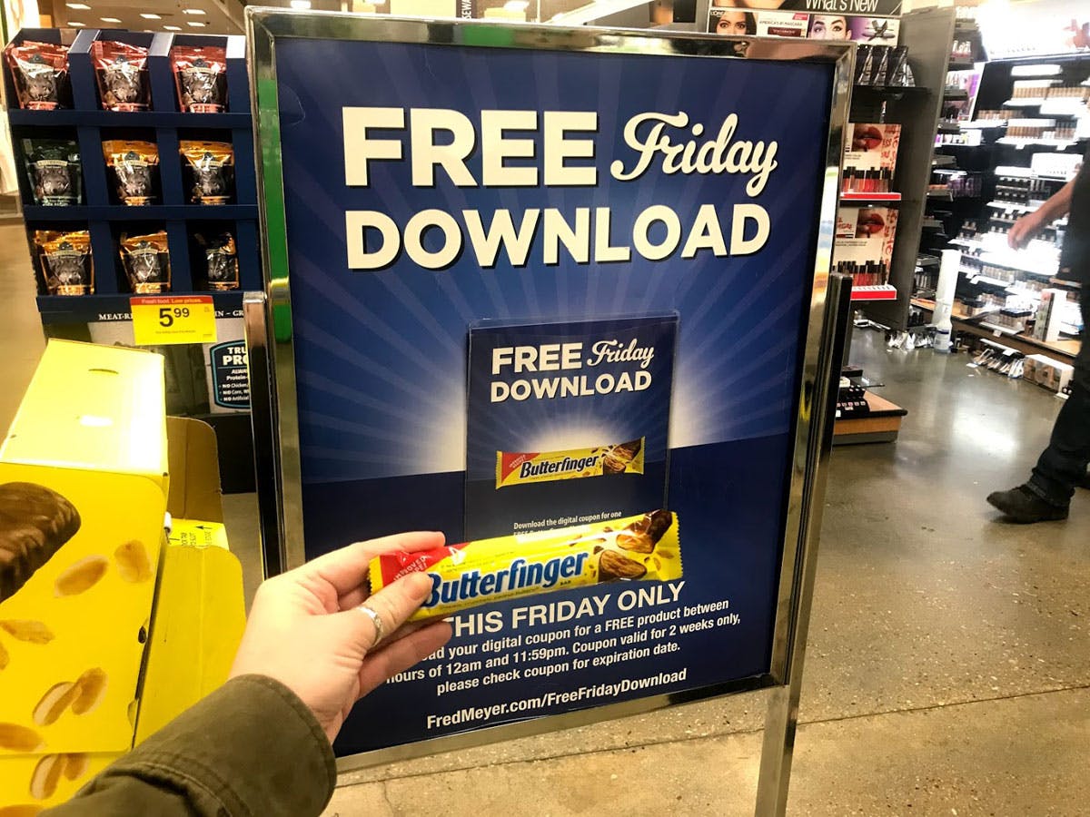 Kroger Free Friday Butterfinger display in a grocery store.