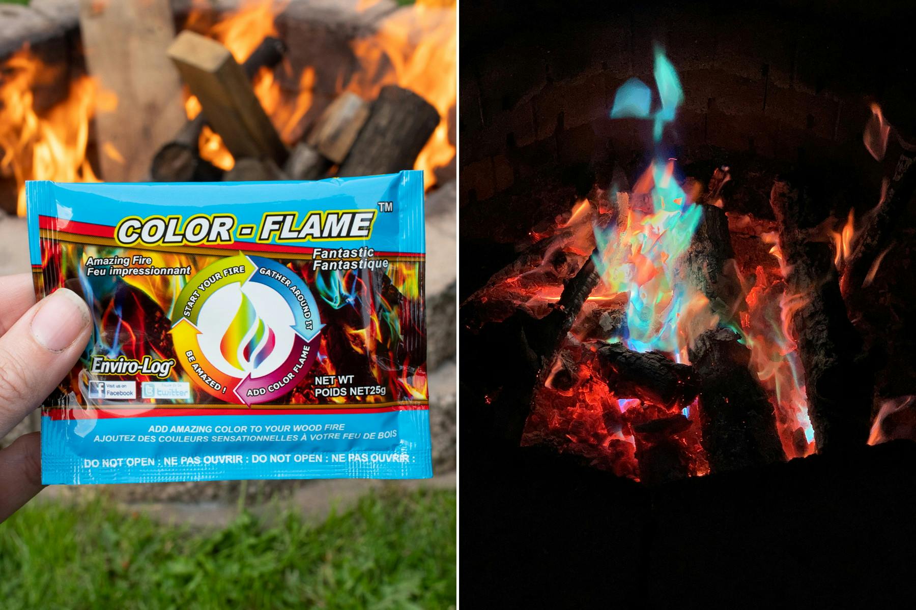 A person's hand holding up a Color-Flame packet in front of an open fire pit, and a fire glowing blueish in the dark. 