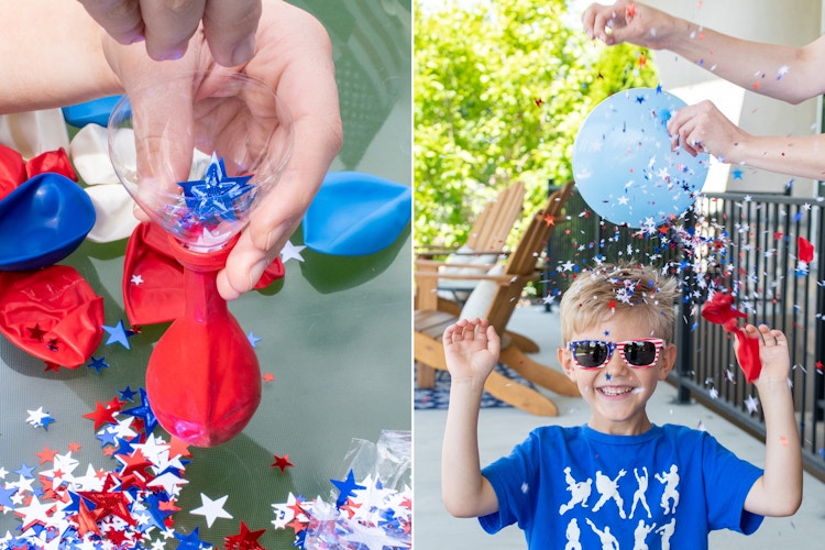 A person using a funnel to fill a deflated balloon with confetti, and a confetti balloon being popped above a child's head with confetti raining down on him.