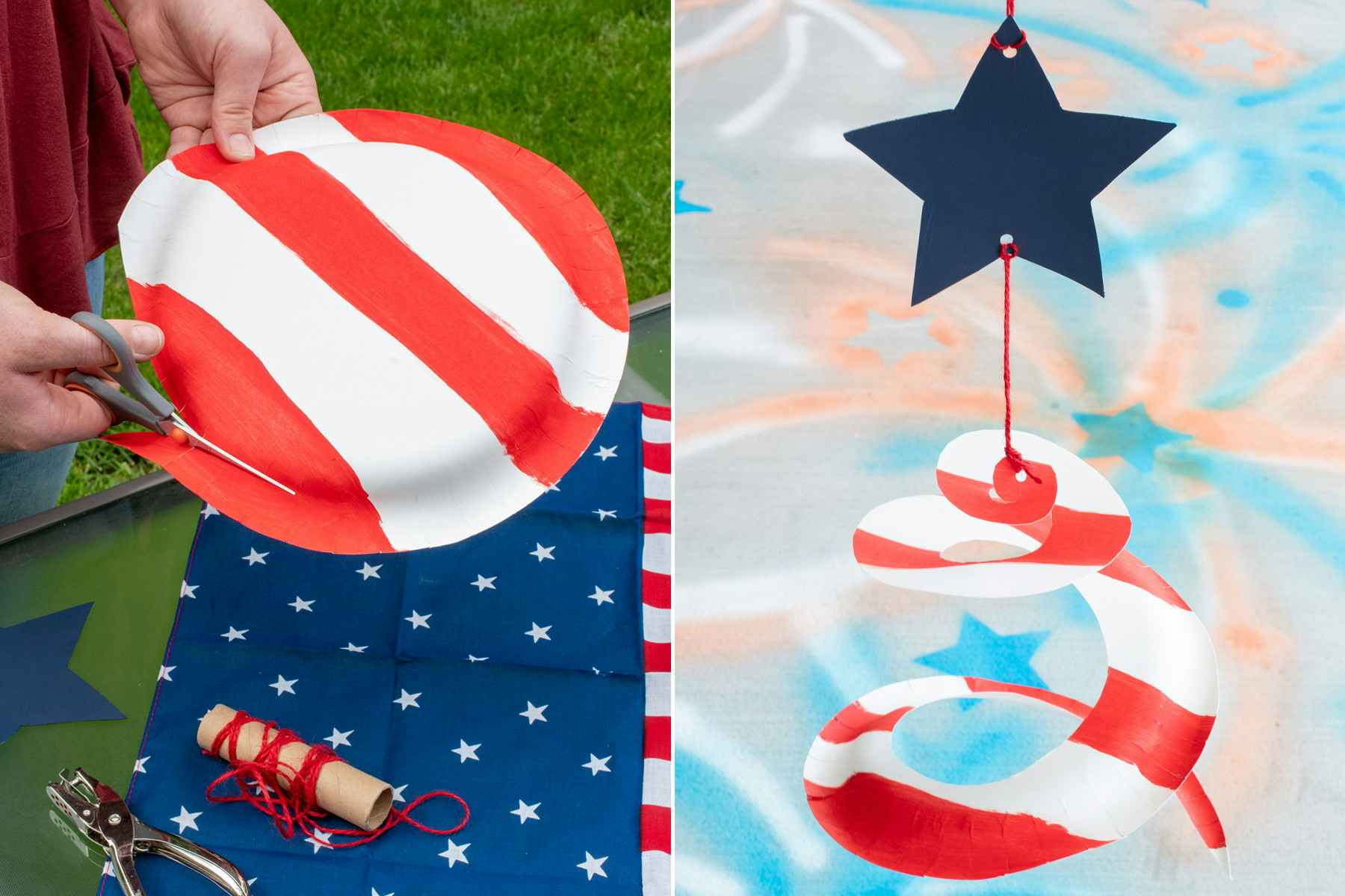 A person using scissors to cut a red-and-white-striped paper plate into a spiral, and a completed patriotic wind catcher with the striped spiral hanging down from a blue star.