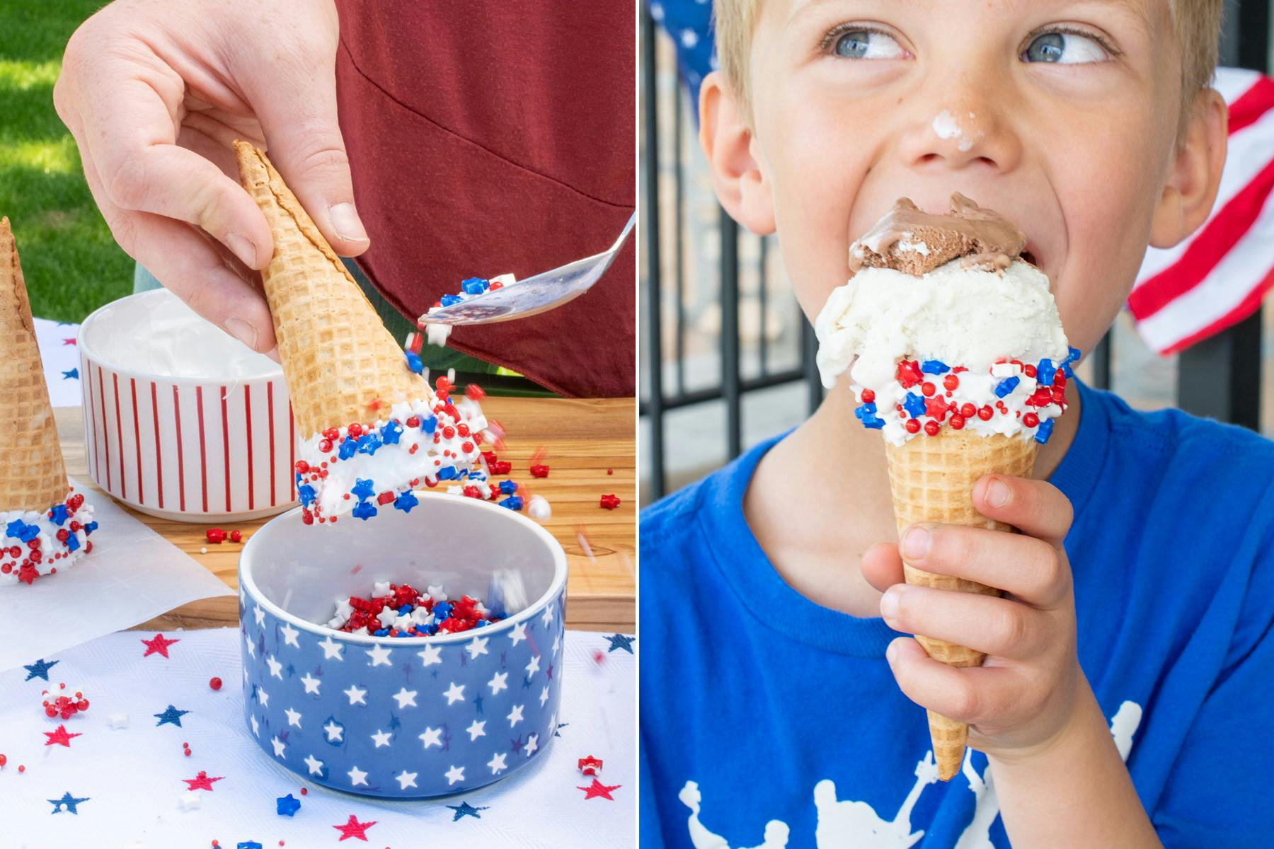 A person's hand dipping a white chocolate coated waffle cone into some red, white, and blue sprinkles, and a child enjoying ice cream out of one of the chocolate-and-sprinkle-dipped cones.