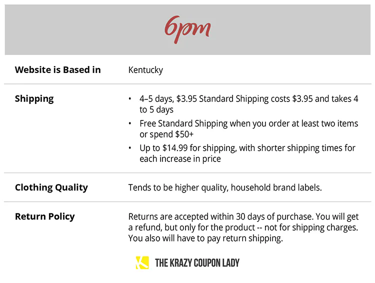 table explaining 6pm shipping and store policies