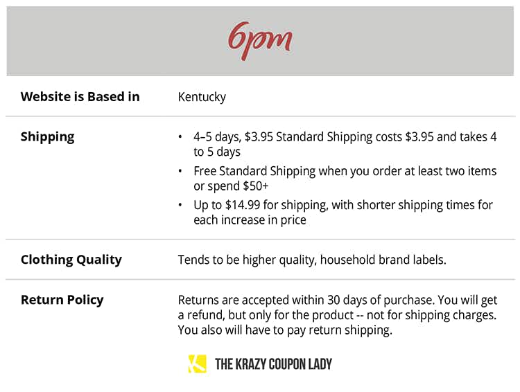 table explaining 6pm shipping and store policies