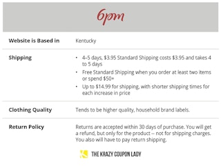 table explaining 6pm shipping and store policies