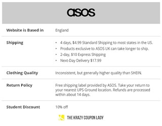 table summarizing ASOS shipping and store policies