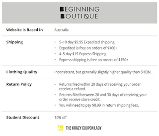 table explaining Beginning Boutique's shipping and store policies