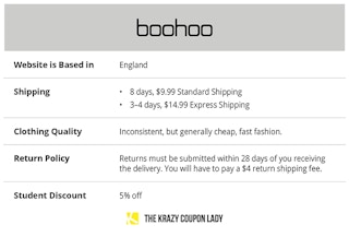 table summarizing BooHoo shipping and store policies