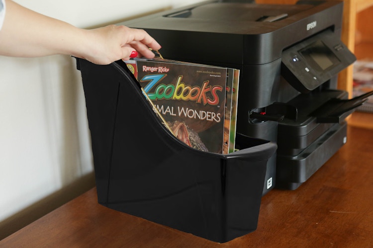 A person organizing books into a Dollar Tree magazine holder. 