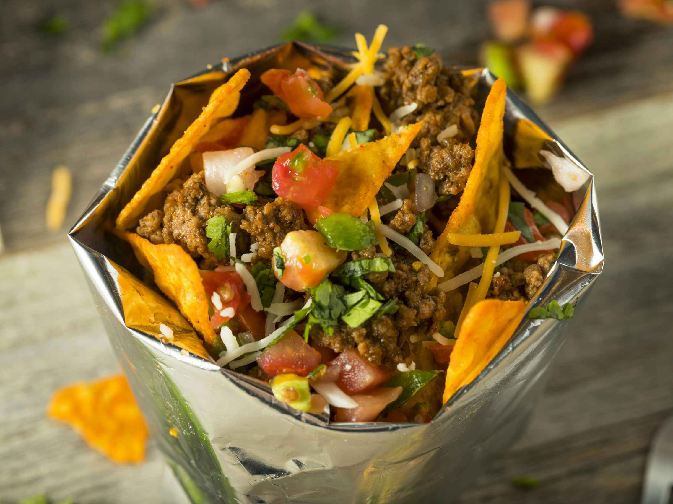 Taco ingredients in a bag with chips