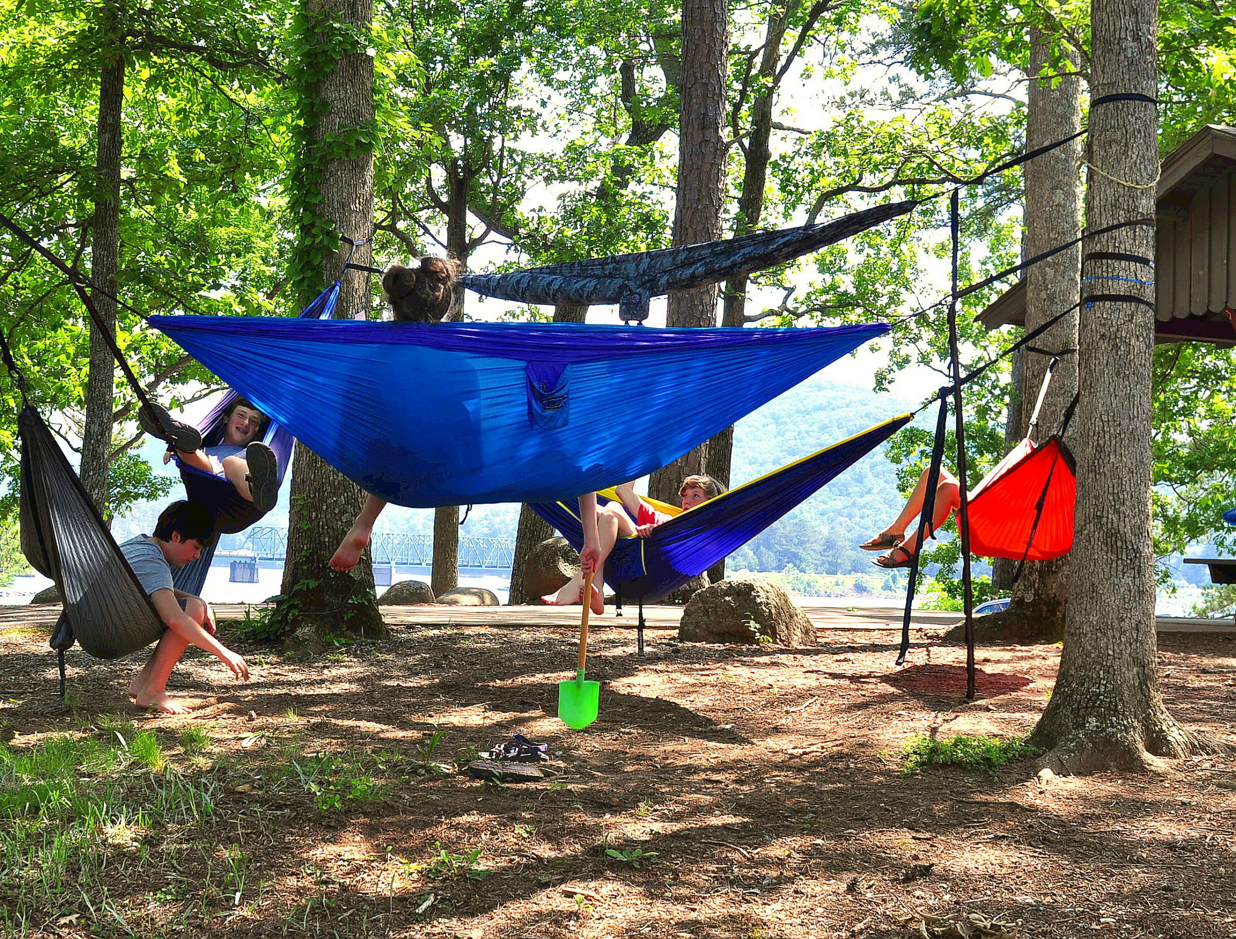 People sitting in and standing around some camping hammocks strung up between trees near a lake.