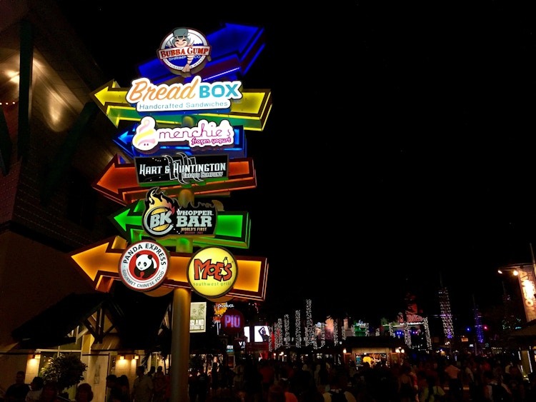 Sign showing different resturants inside of CityWalk