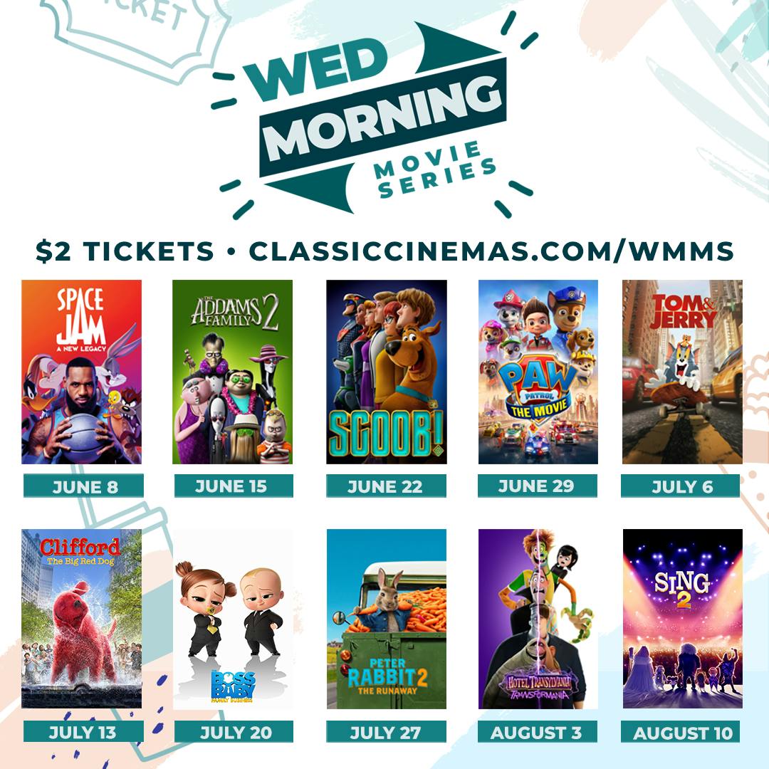 Classic Cinemas Wednesday Morning Movie graphic featuring movies and dates they'll air.