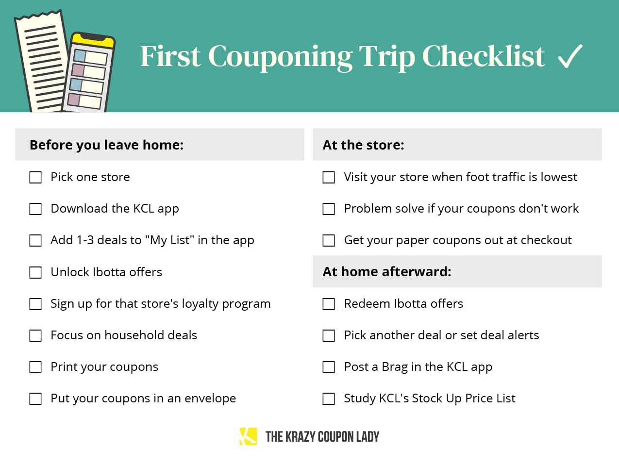 A graphic showing your first coupon trip checklist