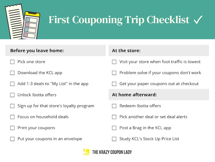 A graphic showing your first coupon trip checklist