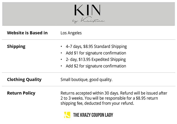 table explaining KIN's shipping and store policies