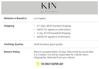 table explaining KIN's shipping and store policies