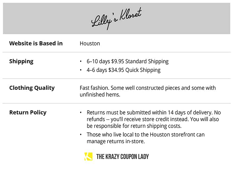 table summarizing Lilly's Closet shipping and store policies