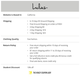 table summarizing Lulu's shipping and store policies