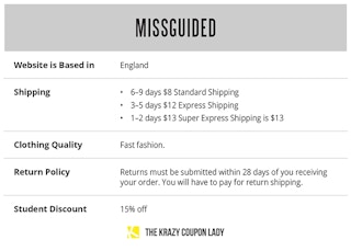table summarizing Missguided shipping and store policies