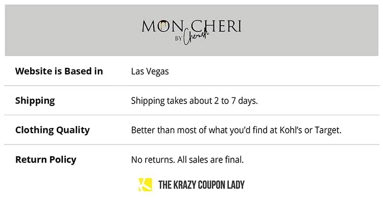 table explaining Mon Cheri's shipping and store policies