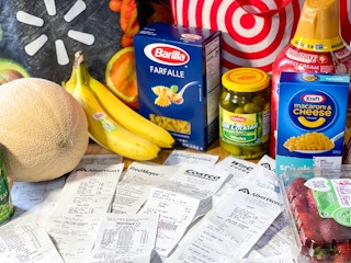 groceries, reusable bags, and several store receipts on table