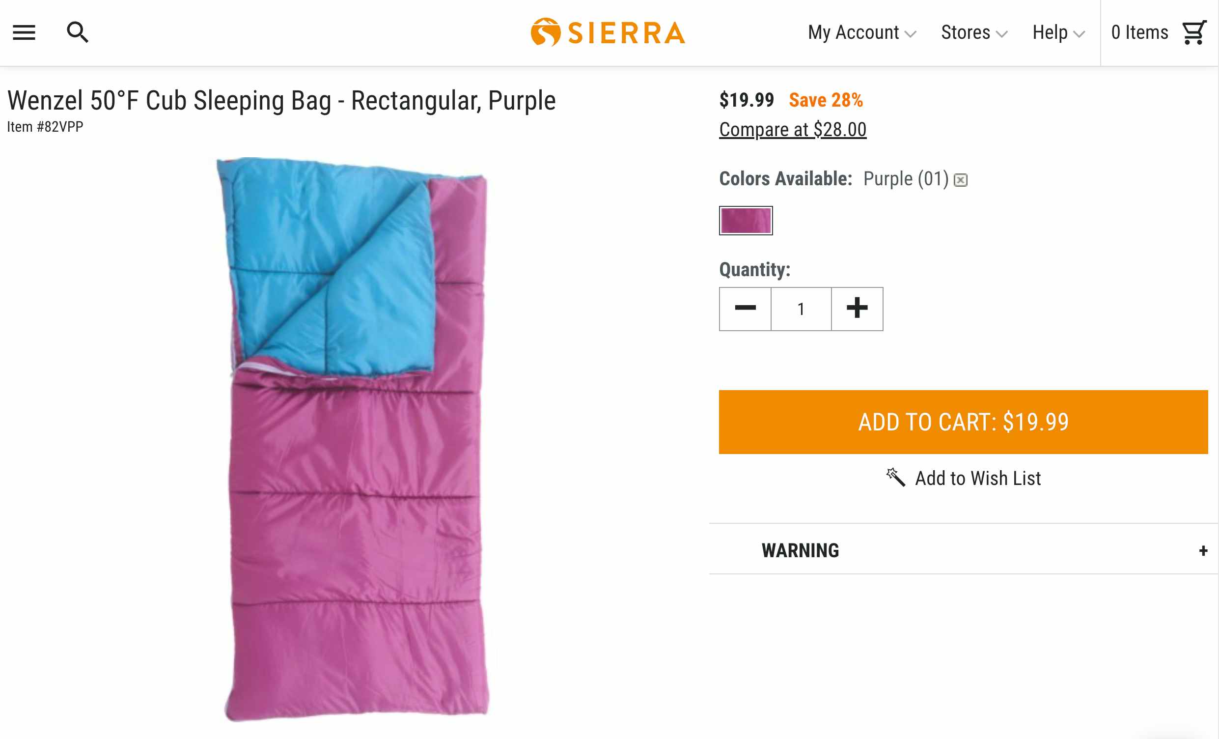 A kids sleeping bag screenshot from Sierra Trading Post website.