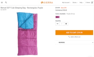 A kids sleeping bag screenshot from Sierra Trading Post website.
