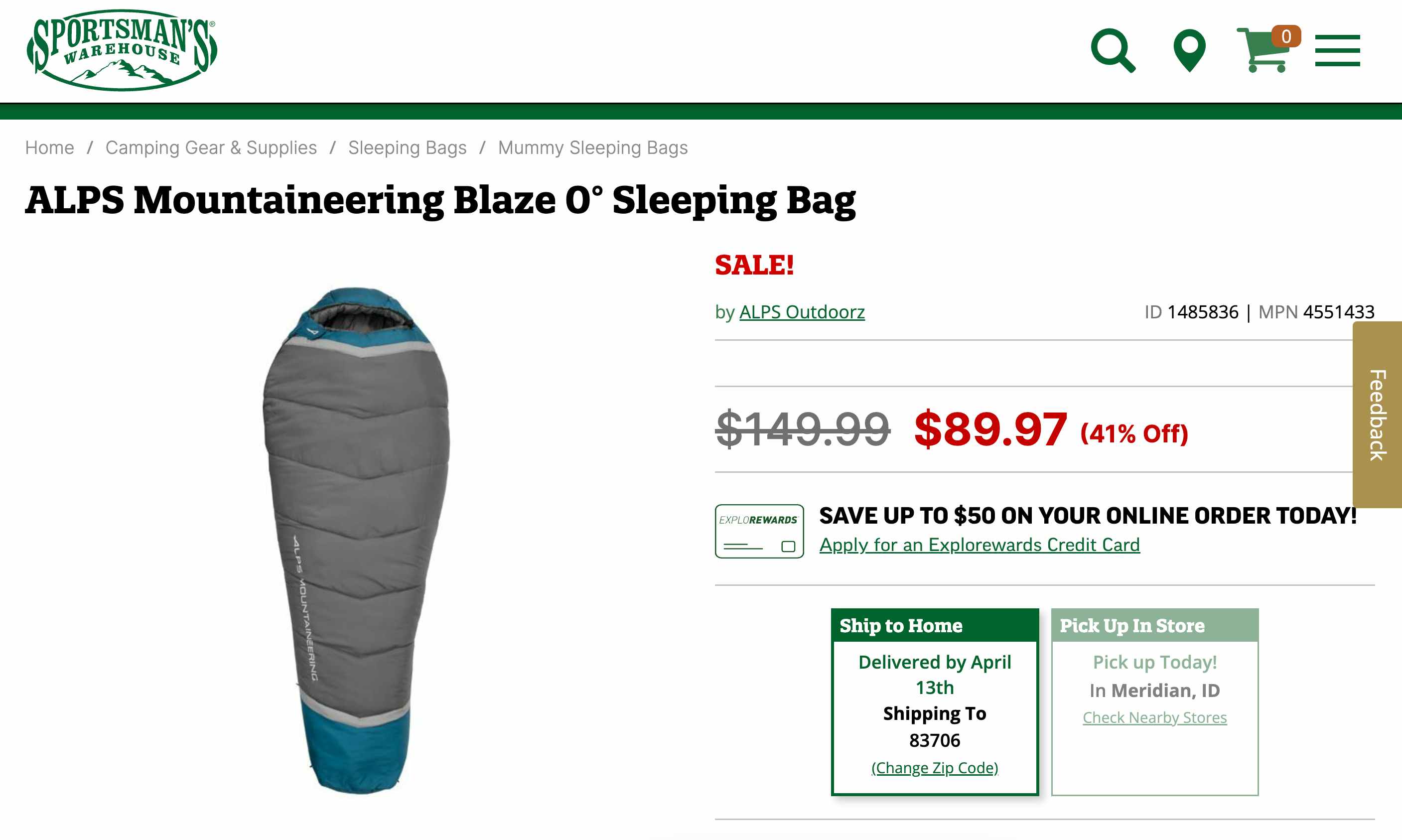 A screenshot of a 0° sleeping bag from sportsman's warehouse website