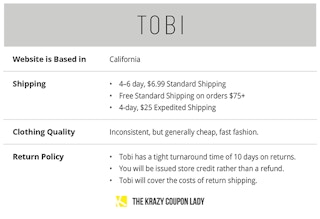 table explaining Tobi's shipping and store policies