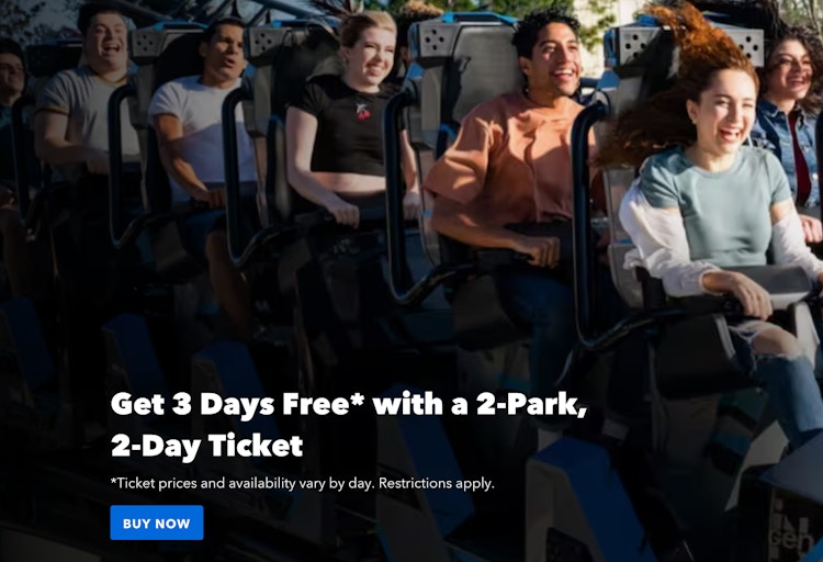 get 3 days free with a 2 park 2 days ticket screenshot from universals website 
