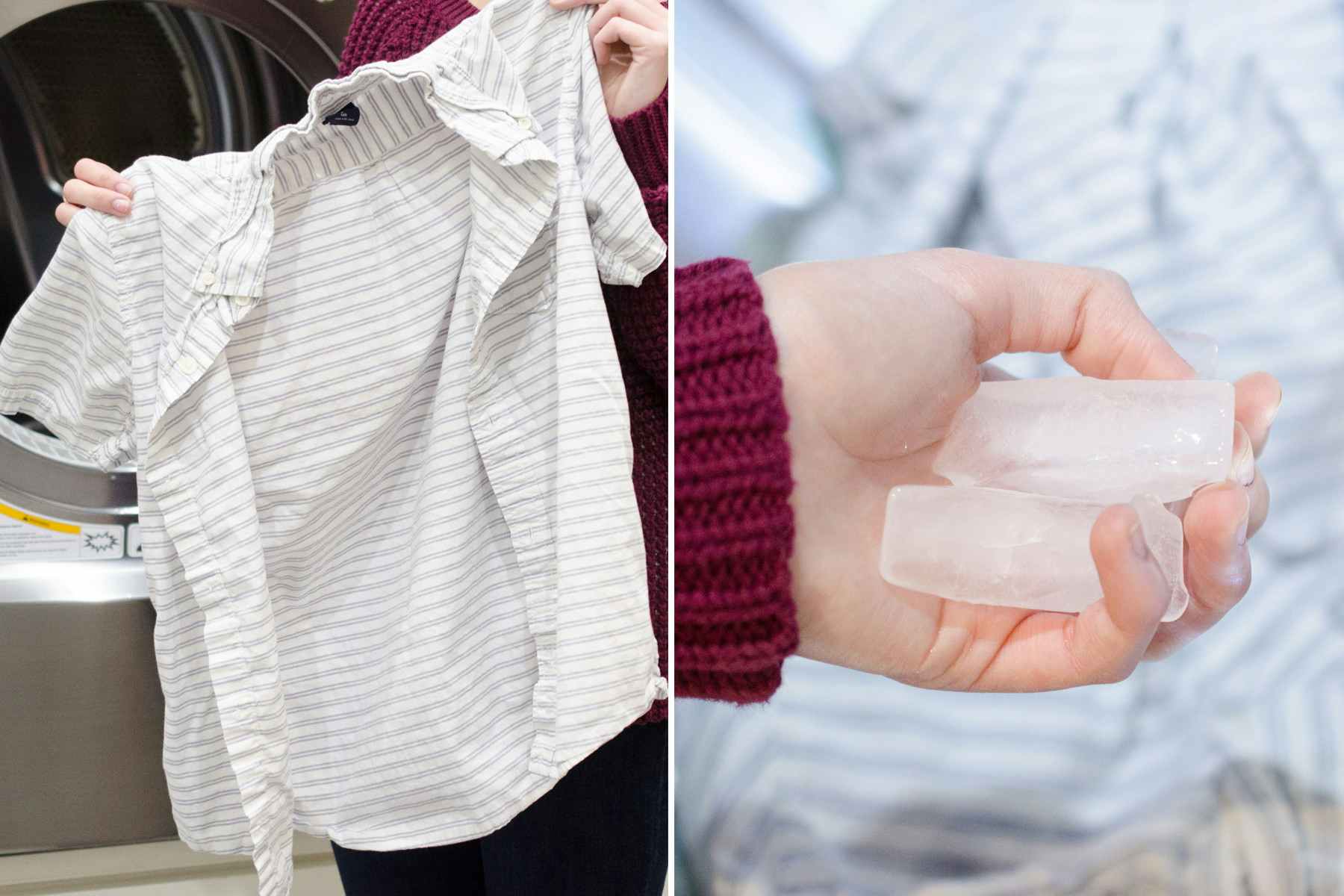 A wrinkled shirt being held in front of a clothes dryer with ice cubes nearby