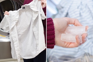 A wrinkled shirt being held in front of a clothes dryer with ice cubes nearby