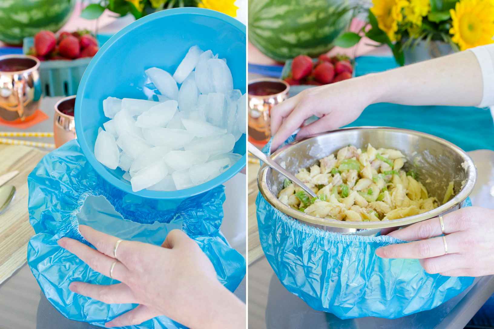A person dumping a bowl of ice into a shower cap on a table, and placing a metal serving bowl of pasta salad into the shower cap.