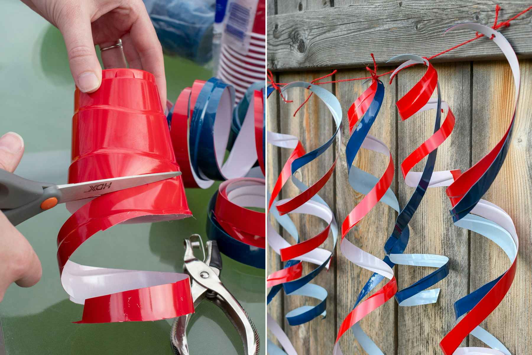 A person using scissors to cut red and blue plastic cups into squiggly streamers, and a banner of red and blue cup streamers hanging on a fence.