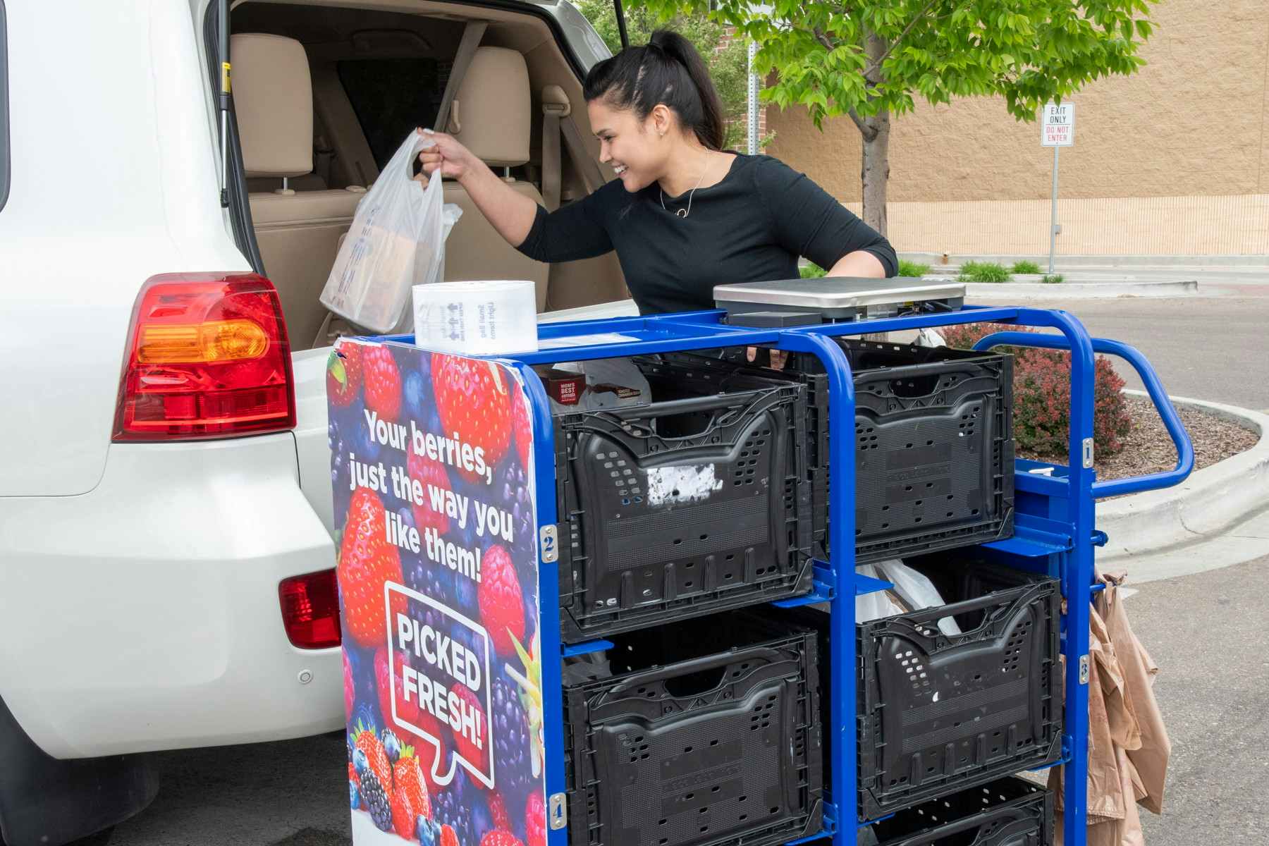 A woman loading groceries into the back of a car in a grocery pickup spot.