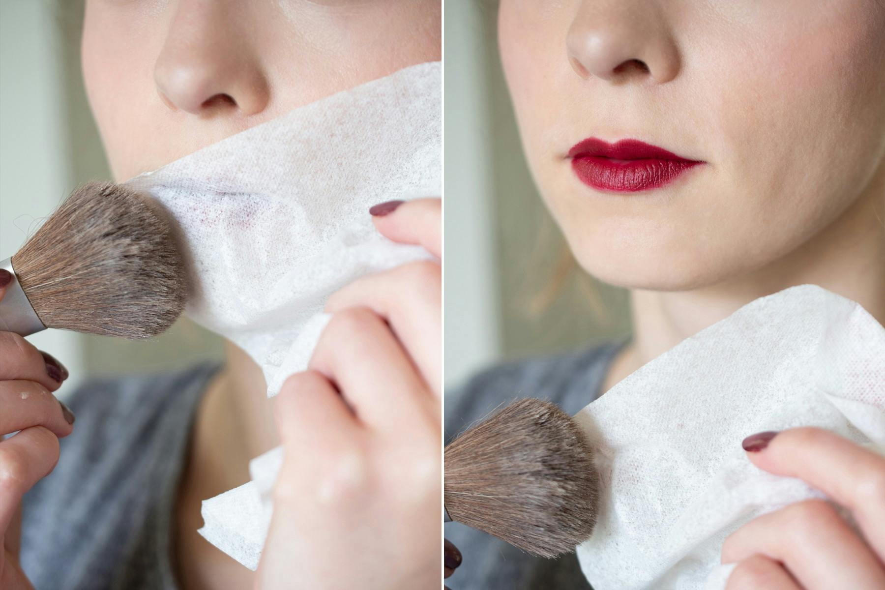 Get lipstick to last longer with a tissue and loose powder.