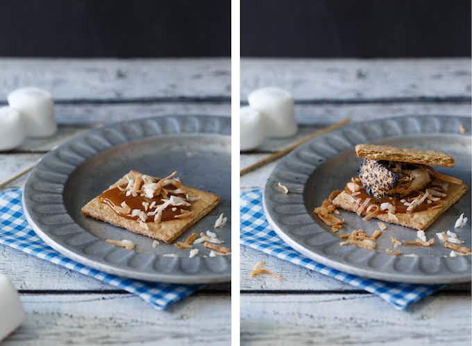 Make your own Samoas cookie s'mores with coconut and caramel.
