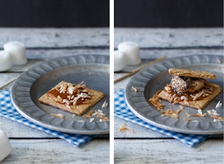 Make your own Samoas cookie s'mores with coconut and caramel.